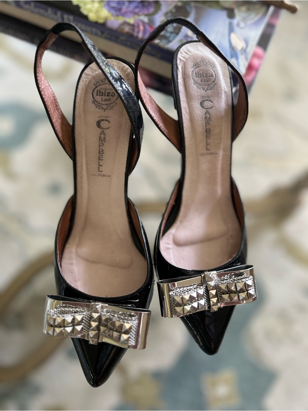 Jeffrey Campbell Black Patent vintage Slingback Heels with Silver Studded Bow 7